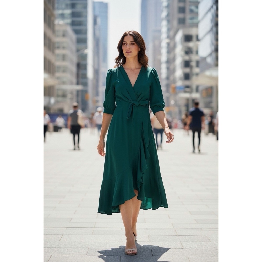Grace Karin Bow-Knot Wrap Hem V-Neck 3/4Sleeve Midi Dress Dark Green Large NWOT